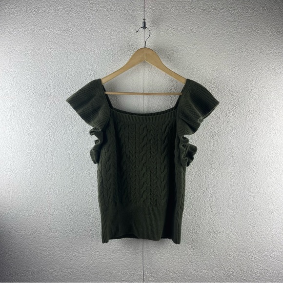 A New Day l S Cable Knit Ribbed Ruffle Flutter Sleeve Square Neck Preppy Sweater - Picture 1 of 15